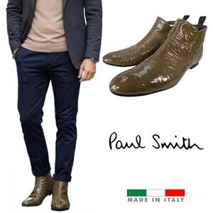 Paul Smith Italy Men Ankle Boots Pat Leather Olive Green 9.5